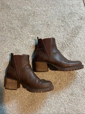 Women's Red Brown Leather Chelsea Booties with Block Heel